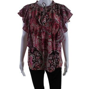 Mariacher Womens Abstract Print Short Sleeve V Neck Blouse Pink Medium